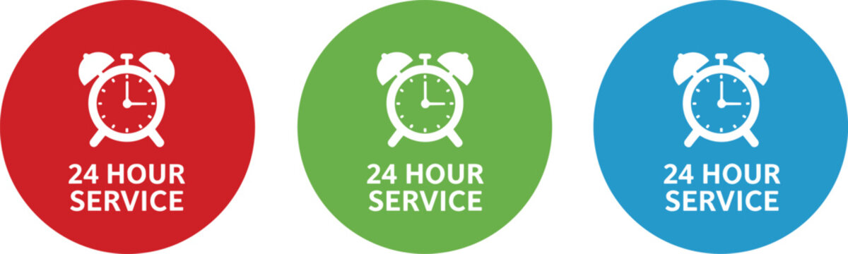 24 Hour Service Icon Set with Alarm Clock Symbols in Circular Badges for Customer Support Availability, Business Operations, and Emergency Assistance Design