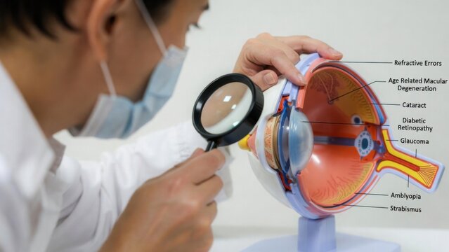 Doctor with human Eye anatomy model with magnifying glass. Eye disease, Refractive Errors, Age Related Macular Degeneration, Cataract, Diabetic Retinopathy, Glaucoma, Amblyopia, Strabismus and Health