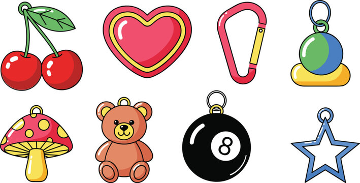 Cute keychain charms illustration set with cherry heart carabiner mushroom teddy bear billiard ball star and colorful accessories collection