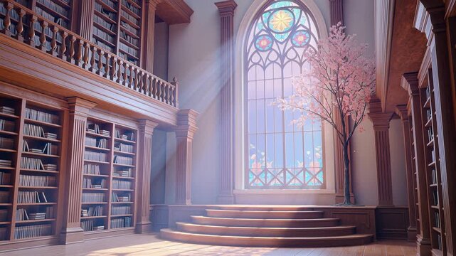 A serene library interior with a large stained glass window, bookshelves, and a cherry blossom tree on the stairs leading up to a balcony.