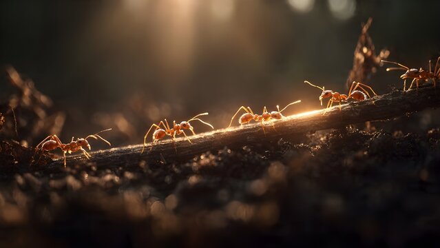 Macro View of Red Ants Colony Walking on a Branch in Sunset Light