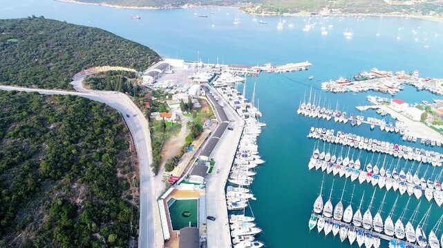 Aerial Drone View of Teos Marina and Sigacik Coastal Town in Izmir, Turkey &ndash; Aegean Sea Harbor and Scenic Village 4K