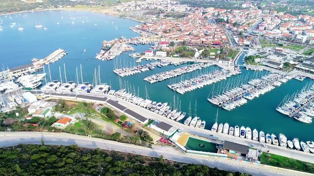 Aerial Drone View of Teos Marina and Sigacik Coastal Town in Izmir, Turkey &ndash; Aegean Sea Harbor and Scenic Village 4K