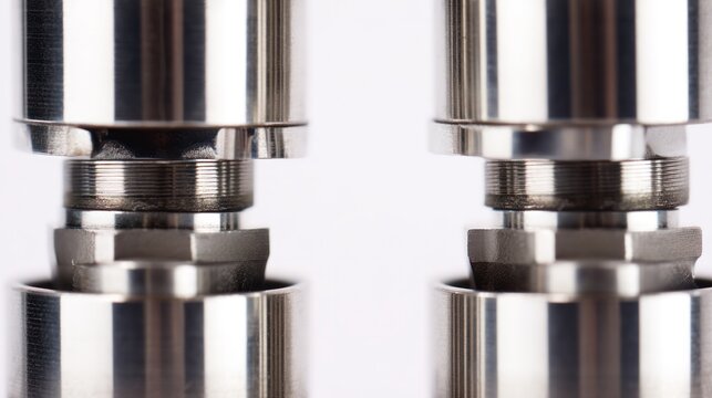 Two parallel, polished camshafts with gleaming metal cams under studio lighting. safety posters, maintenance manuals, designed for industrial assembly lines and welding operations.