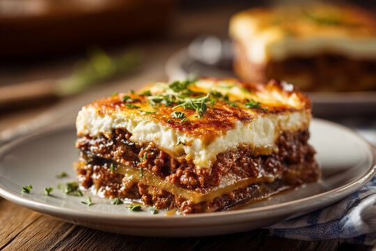 Authentic Greek moussaka slices with layered eggplant casserole with a rich meat sauce and a creamy b&eacute;chamel layer.