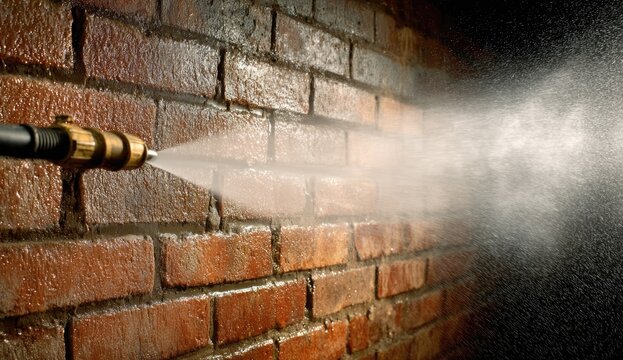 High pressure water jet cleaning a dirty red brick wall with a spray nozzle.