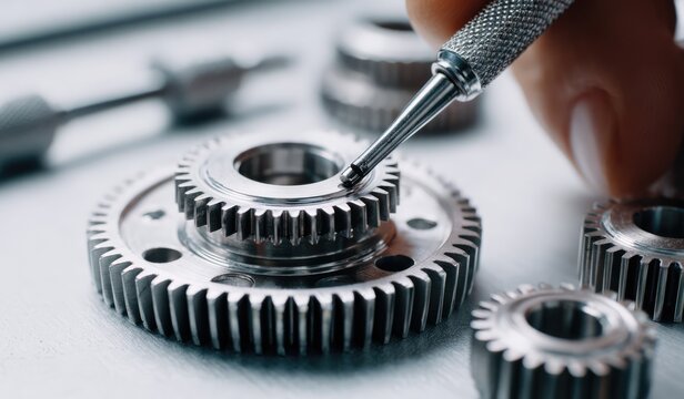 Precision engineering - Close-up of gears being inspected with precision tool.