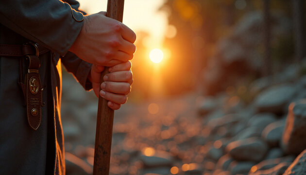 Person holding walking stick against scenic sunset background along rocky path. Sunlight filters through trees creating warm atmosphere for outdoor adventure.