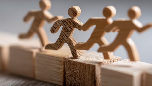 Wooden figurines running on wooden blocks symbolizing teamwork and progress.