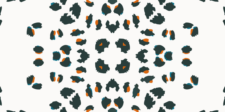 Abstract leopard print pattern with teal black and orange spots