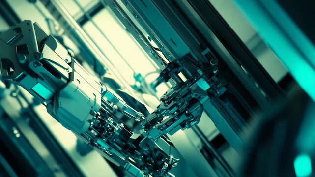 Close up view of an intelligent robotic arm performing precise operations on complex machinery, representing automated manufacturing and cutting edge industrial processes