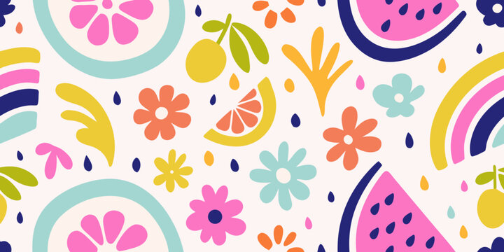 Colorful fruit and floral pattern creates a vibrant summer aesthetic