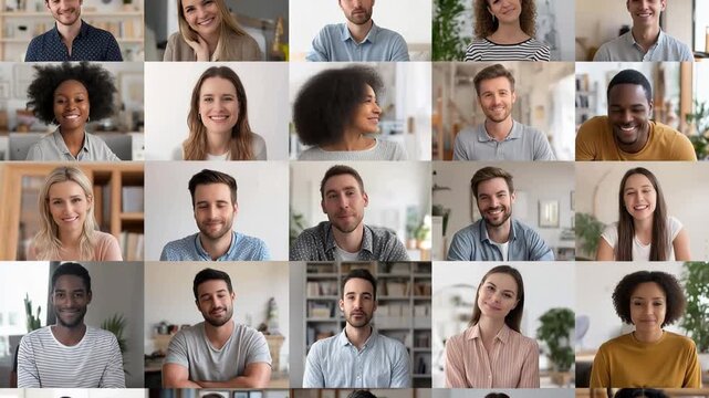 A lively online meeting filled with joyful faces, laughter, and shared moments. People of various backgrounds connect and enjoy uplifting conversations in a cozy atmosphere.