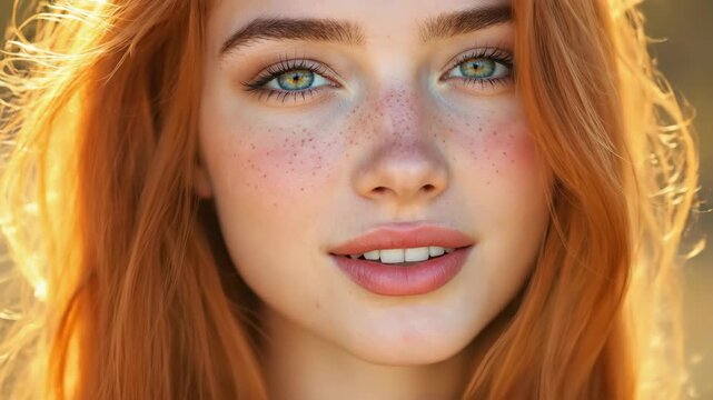 A close-up portrait of a young redhead with freckles and striking eyes.