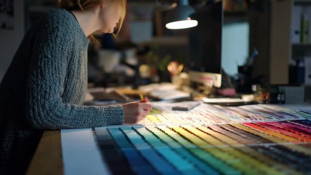 A talented artist immerses herself in crafting a stunning color palette, surrounded by swatches and sketches in a warm, inviting workshop on a quiet evening.
