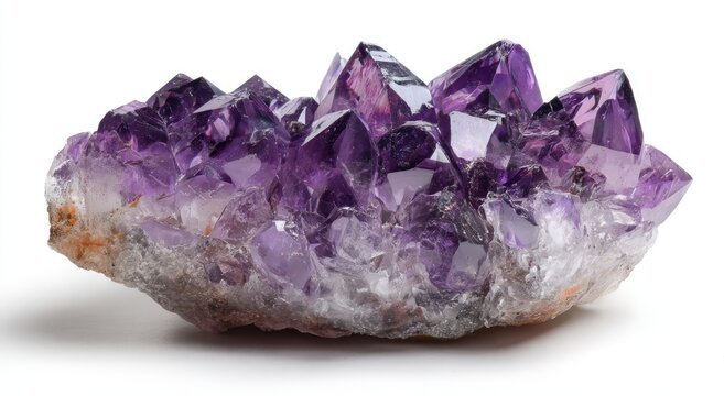 A beautiful purple amethyst crystal cluster geode isolated on a clean white background.