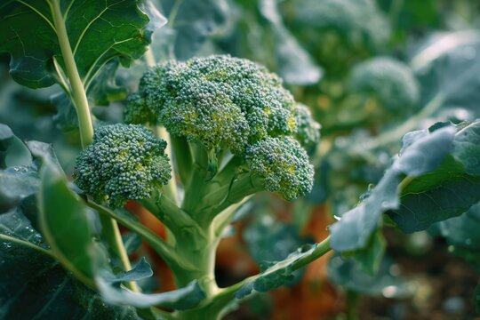 Close-up of fresh green broccoli growing in a garden.