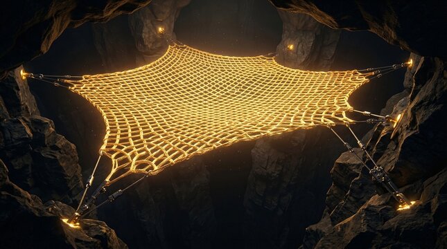 Visualization of an economic safety net featuring a beautifully woven glowing golden trampoline stretched taut over a dark bottomless chasm.