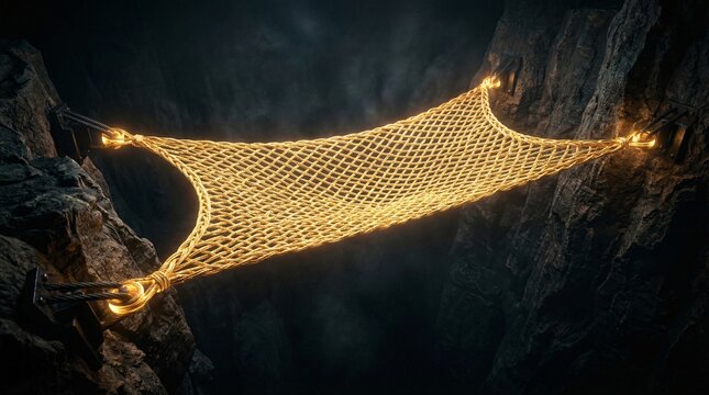 Visualization of an economic safety net featuring a beautifully woven glowing golden trampoline stretched taut over a dark bottomless chasm.