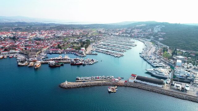 Aerial Drone View of Teos Marina and Sigacik Coastal Town in Izmir, Turkey &ndash; Aegean Sea Harbor and Scenic Village 4K