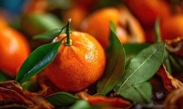 Vibrant Tangerines with Fresh Green Leaves in Natural Light.