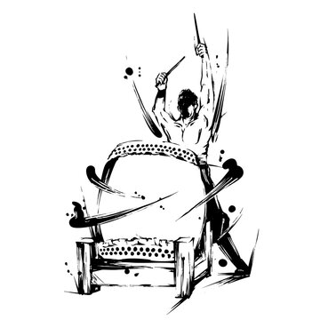 太鼓を叩く人の墨絵イラスト