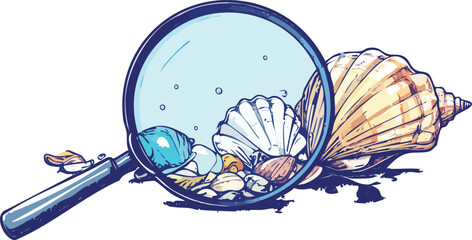 Microplastics Revealed — Line-Art Editorial of Shell Under Magnifier