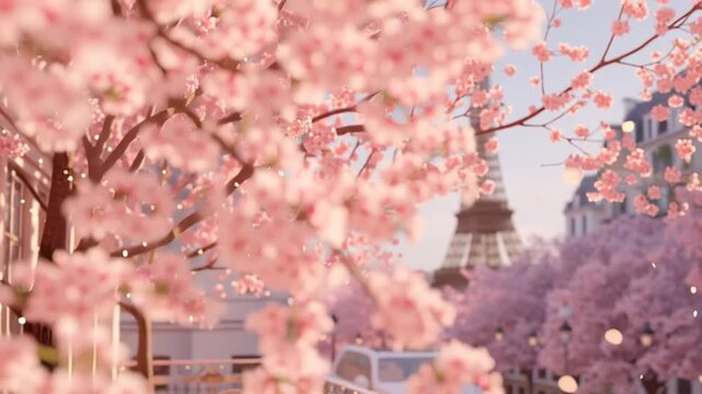 Visitors enjoy drinks and desserts at a cafe with cherry blossoms and the Eiffel Tower in springtime Paris