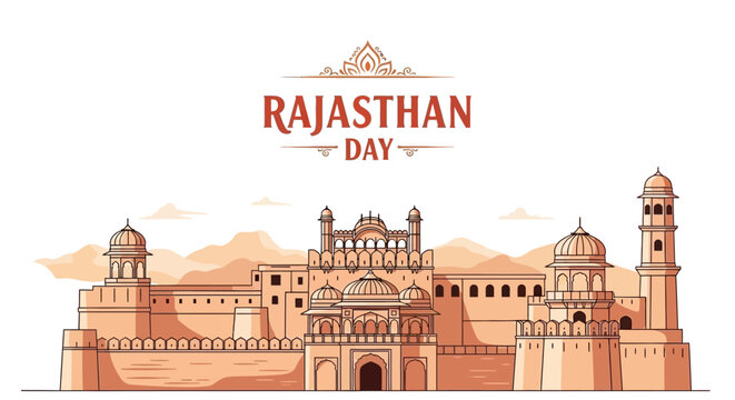 Illustration of a traditional Rajasthani fort with Rajasthan Day logo, showcasing cultural heritage and architecture in warm orange tones against a white background.