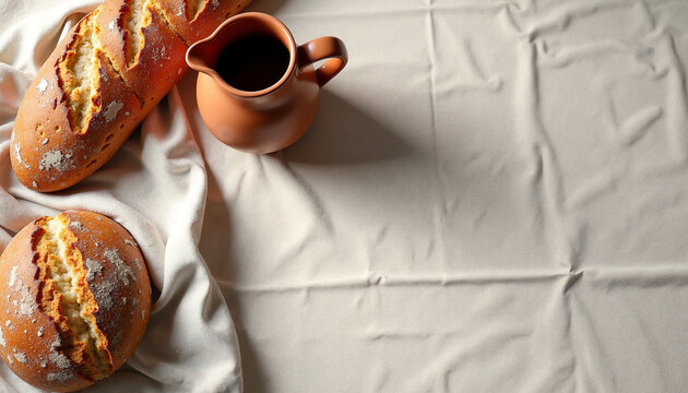 Fresh bread and pitcher on table with linen, showcasing artisanal loaves beside rustic clay jug filled with beverage. Scene evokes traditional meals in biblical context,