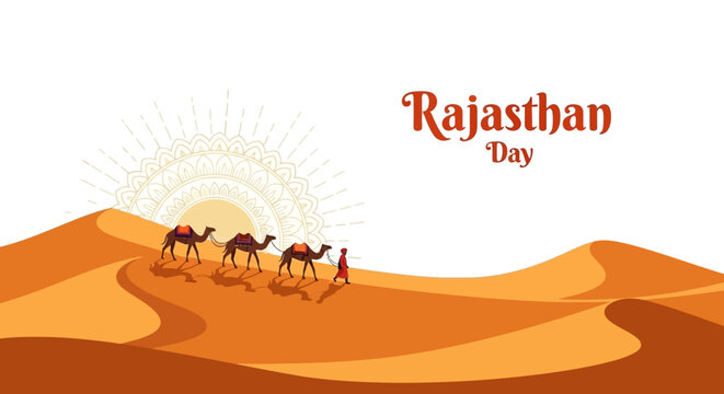 Illustration of camels walking across a desert landscape with a sunburst behind them, celebrating Rajasthan Day with a traditional Indian cultural theme.