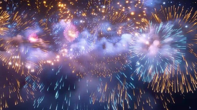 Bright colors burst in the dark as fireworks dance across the midnight sky. Spectators are captivated by the sparkling show, celebrating together under the stars.