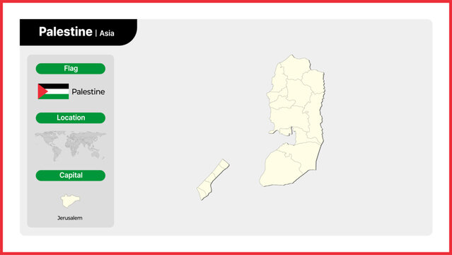 Vector illustration map of Palestine. Includes national flag, location, and capital information.