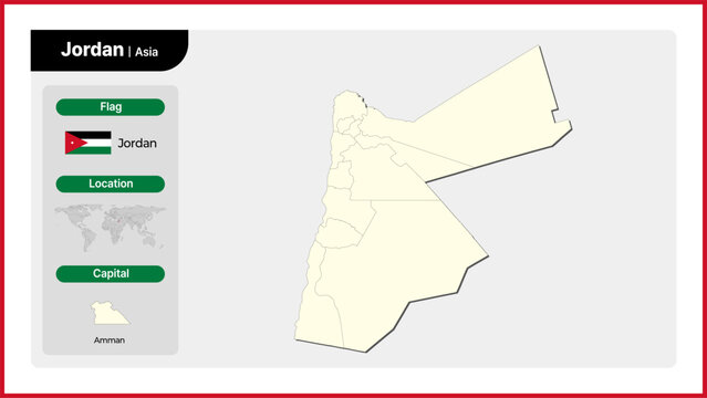 Vector illustration map of Jordan. Includes national flag, location, and capital information.