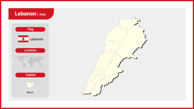 Vector illustration map of Lebanon. Includes national flag, location, and capital information.
