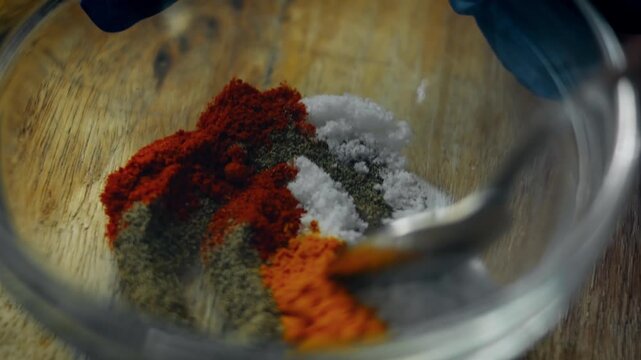 Different spices blended together in bowl, close up