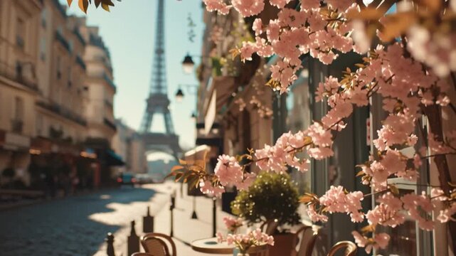 People enjoy coffee and tea at tables outside a Paris cafe with cherry blossoms and the Eiffel Tower in view during spring