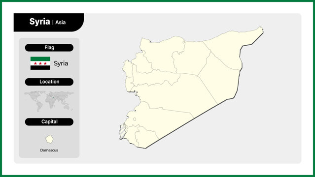 Vector illustration map of Syria. Includes national flag, location, and capital information.