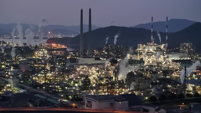 Aerial drone view of illuminated industrial refinery at night in Shunan Yamaguchi Japan 4K 16