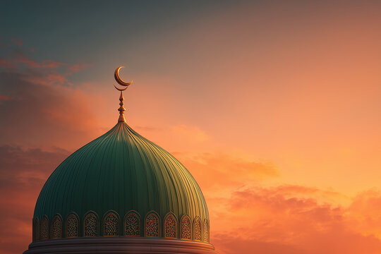 The beauty of the mosque dome at sunset with a green or golden dome and a crescent moon ornament on top.