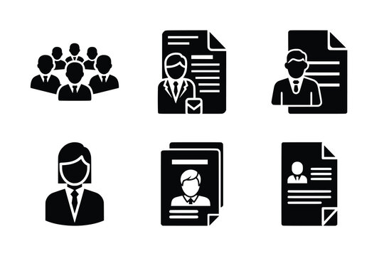 Black silhouette icons representing business people, teams, and professional documents like resumes or CVs, ideal for human resources and recruitment themes.