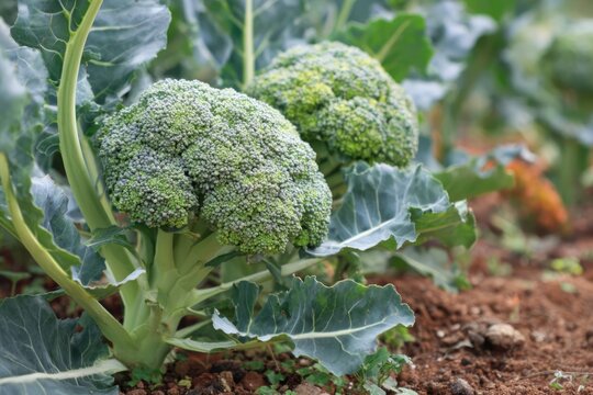 Fresh broccoli growing in a garden, ready to be harvested.