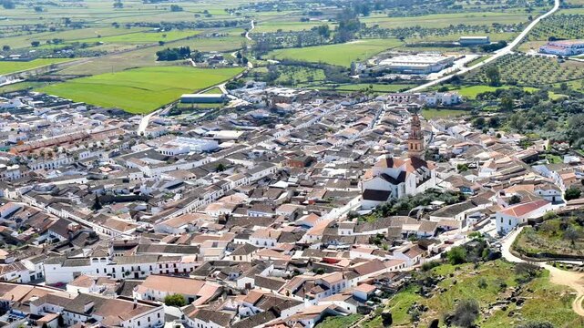 Aerial panoramic view over Burguillos del Cerro, a charming and historic white village in the province of Badajoz, Extremadura, Spain. 