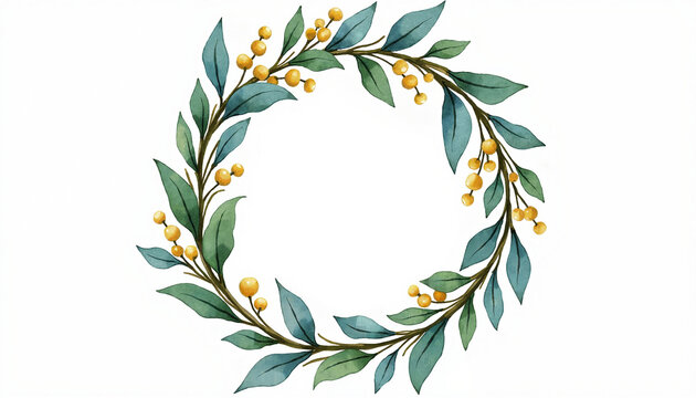 Green foliage wreath with yellow berries on white background, showcasing natural elements in a circular design. Wreath features vibrant leaves and decorative berries,