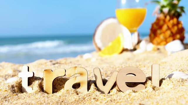 A bright and sunny conceptual image for the tourism industry."Travel" wooden sign on a tropical sandy beach with exotic fruit cocktail and ocean background
