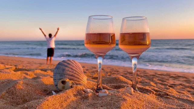 Sunset celebration with two glasses of ros&eacute; wine on the beach and a happy man in the background.