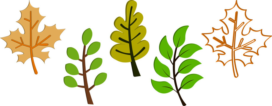 3D Stylized tree and leaf icons collection, abstract nature elements set with outline and filled shapes