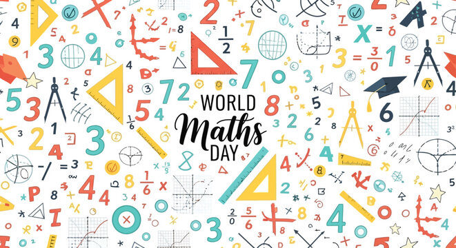 Colorful illustration celebrating World Maths Day with various mathematical symbols and geometric shapes on a white background.