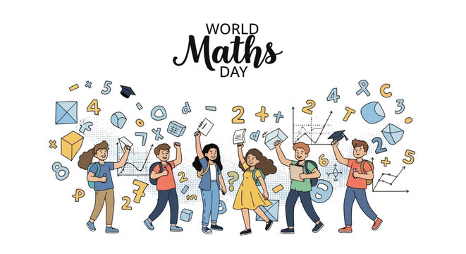 Illustration of diverse students celebrating World Maths Day with math symbols and equations in a colorful, joyful scene.