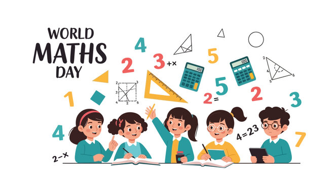 Illustration of children learning mathematics on World Maths Day with colorful numbers and geometric shapes floating around them.